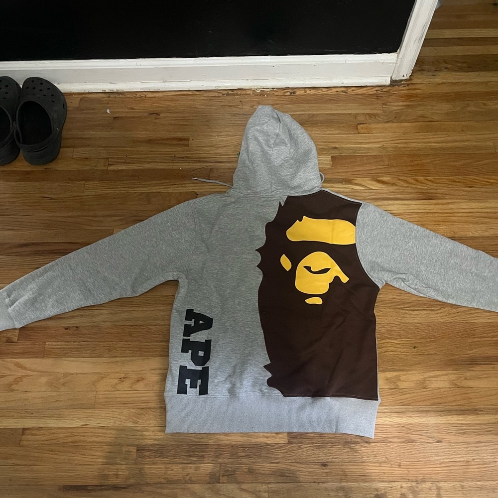 Bape Gray Hoodie with Brown and Cream Ape Logo